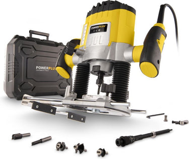 Powerplus powx0910 bovenfrees - 1200w - max. diepte: 35mm - variabele snelheid - incl. opbergkoffer parallelgeleider, stofzuigaansluiting, 6-delige freesset en 7 accessoires