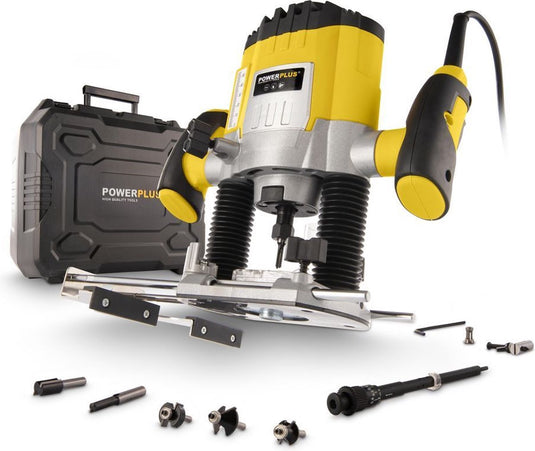 Powerplus powx0910 bovenfrees - 1200w - max. diepte: 35mm - variabele snelheid - incl. opbergkoffer parallelgeleider, stofzuigaansluiting, 6-delige freesset en 7 accessoires