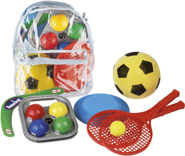 Androni camping sportset in tas - boemerang, een frisbee, een tennisset (2 rackets ø 21 cm met bal) en een zachte bal