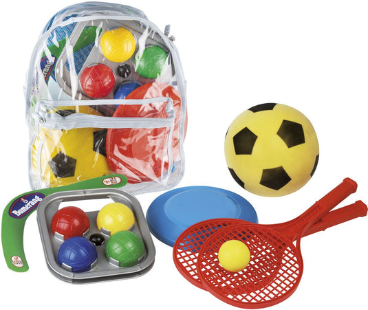 Androni camping sportset in tas - boemerang, een frisbee, een tennisset (2 rackets ø 21 cm met bal) en een zachte bal