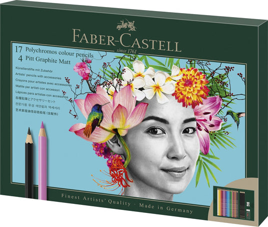 Faber-castell tekenset - polychromos en pitt grafiet mat - 23-delig - fc-210052