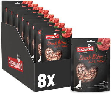 Rosewood steak bites rund koolvis - hondensnack - malse trainsnack met hoog vlees- en visgehalte - zonder kunstmatige toevoegingen - 8 zakjes à 100g