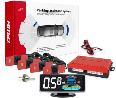 Amio parkeersensor parkeerhulpsysteem met 4 plak sensoren pieper schermpje zwart