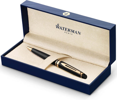 Waterman expert-balpen | zwart glanzend met 23k gouden afwerking | medium penpunt | blauwe inkt | geschenkverpakking