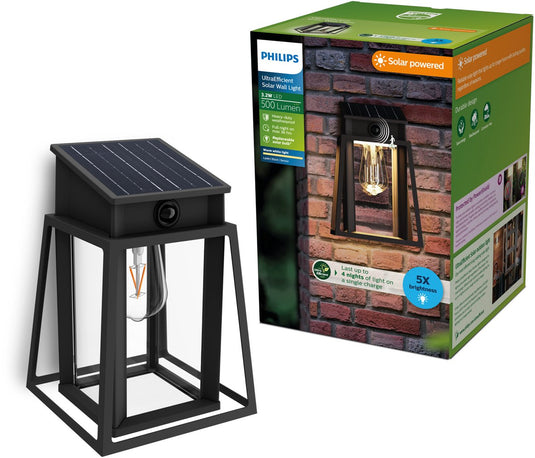 Philips led philips lysin wandlamp - ultraefficient led - solar buitenlamp - warmwit licht 2700k - zwart - rechthoekig ontwerp - bewegingssensor - zonne-energie - schemersensor