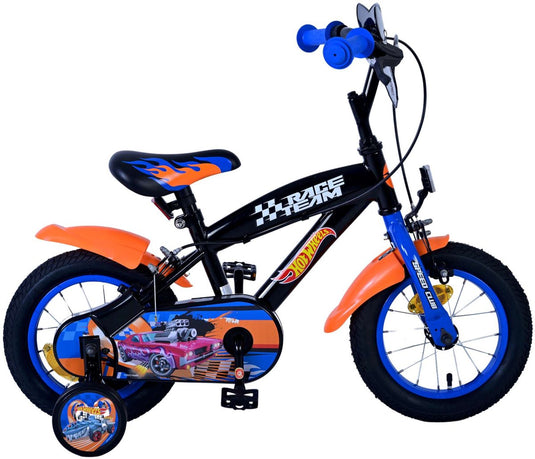 Volare hot wheels kinderfiets - jongens - 12 inch - zwart oranje blauw - twee handremmen