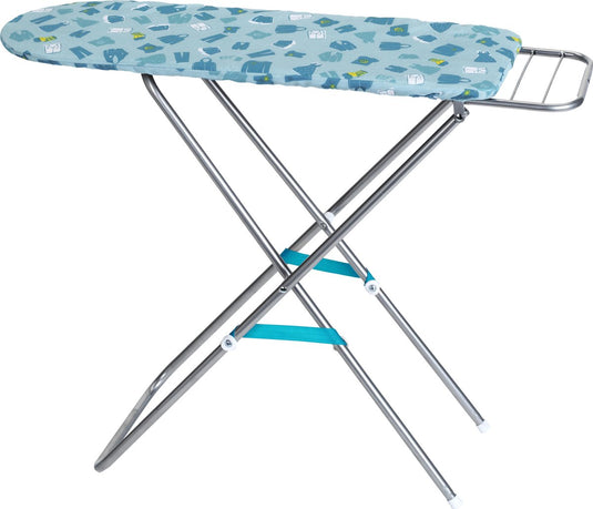 Klein toys strijkplank - 20,5x71x62 cm - in hoogte verstelbaar - stevig metaal met kledingmotief hoes - blauw