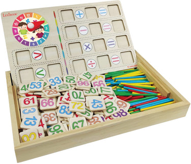Lexibook bio speelgoed® rekenschool - houten doos met tekenbord om wiskunde te leren met krijtjes, wisser, staafjes en 5 kaarten met tafels van vermenigvuldiging