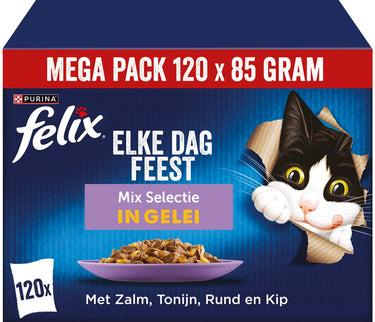 Felix elke dag feest mix selectie in gelei - kattenvoer natvoer - zalm tonijn rund kip - 120 x 85 g