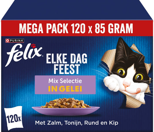 Felix elke dag feest mix selectie in gelei - kattenvoer natvoer - zalm tonijn rund kip - 120 x 85 g