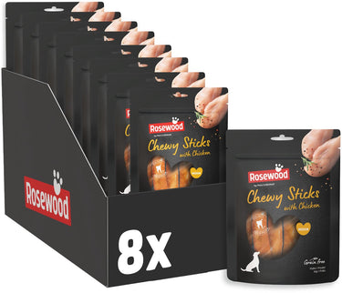 Rosewood chewy sticks kip medium - kauwstaven voor honden - met kip runderhuid - graanvrij zonder kunstmatige toevoegingen - 8 zakjes à 4 kauwstaven