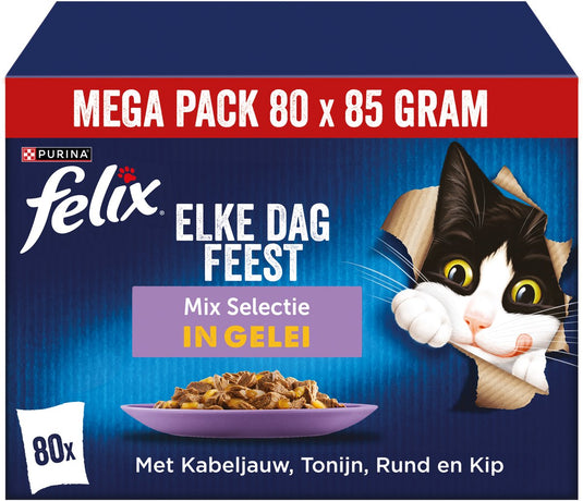 Felix elke dag feest mixed selectie - kattenvoer natvoer - kabeljauw, zalm, rund kip - 80 x 85 g
