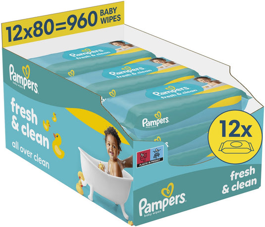 Pampers fresh clean babydoekjes - 12 verpakkingen van 80 doekjes = 960 billendoekjes