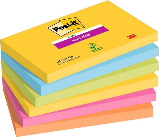 Post-it ® super sticky notes, kleurenset rio, neon geel, mediterraan blauw, neon groen, fuchsia, neon oranje , 76mm x 127 mm, 6 blokken