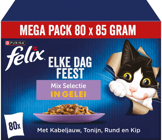Felix elke dag feest mix selectie in gelei - kattenvoer natvoer - kabeljauw tonijn rund kip - 80 x 85 g