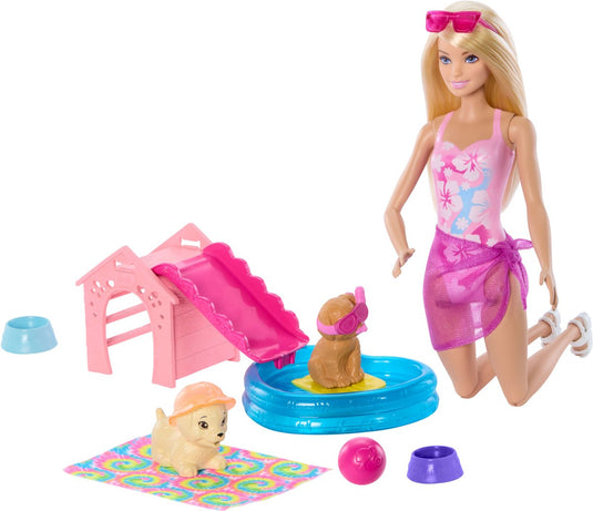 Barbie zwemfeestje voor puppy's – speelset met glijbaan hartvormig zwembad