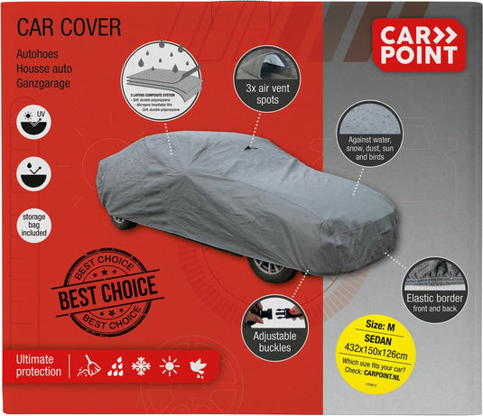 Carpoint autohoes m 432x150x126 cm – 3-laags – uv waterafstotend – met ventilatie – elastische pasvorm – inclusief opbergzak