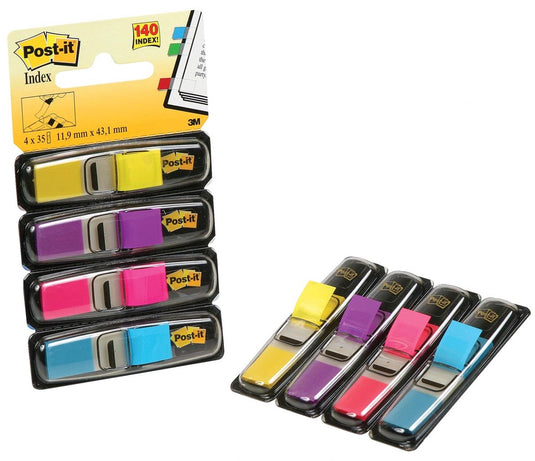 Post-it â® index smal, standaard dispenser, helderblauw, geel, roze, paars, 12 x 43 mm, 35 tabs kleur dispenser
