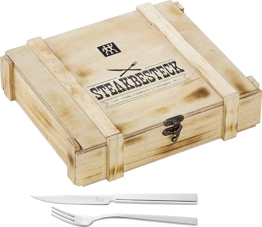 Zwilling steak bestekset - 12-delig - in rustieke houten doos - roestvrij staal