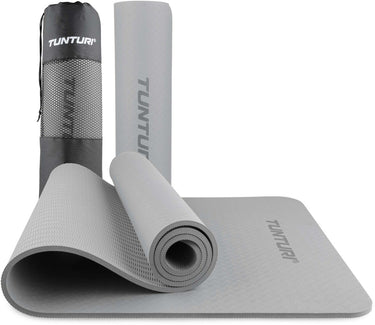 Tunturi yoga mat 8mm - pilates mat - extra dikke fitness mat - 183x61x0,8 cm - incl draagtas - ecologisch materiaal - eenvoudig te reinigen - grijs