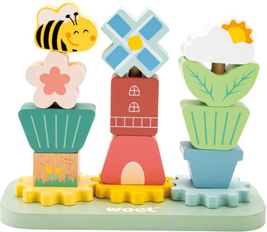 Woet ® houten stapelspel tuin – stapeltoren met bloemen en tandwielen – fsc gecertificeerd educatief speelgoed – stapelspeelgoed vanaf 1 jaar