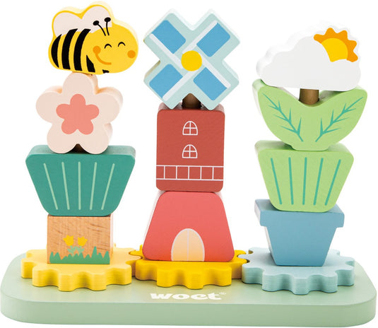 Woet ® houten stapelspel tuin – stapeltoren met bloemen en tandwielen – fsc gecertificeerd educatief speelgoed – stapelspeelgoed vanaf 1 jaar