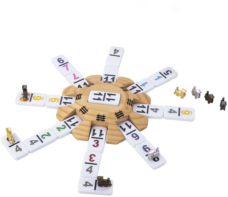 Load image into Gallery viewer, Engelhart domino mexican train accessoires set - 8 metalen treintjes - houten station - scoreblok -
