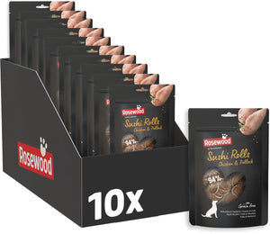 Rosewood sushi rolls kip koolvis - hondensnack - zachte verwensnack met kip vis - graanvrij - zonder kunstmatige toevoegingen - 10 zakjes à 100g