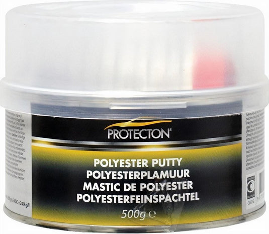 Protecton polyesterplamuur - voor het egaliseren van oneffenheden - toepasbaar op staal, aluminium, hout, beton polyester - elastisch en zeer goed schuurbaar – incl. tube verharder - 500gr