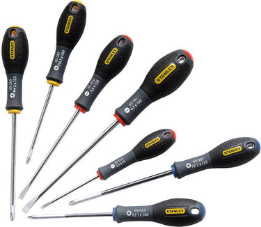 Stanley 7-delige fatmax schroevendraaierset parallel 3.5 x 75mm. 5.5 x 125mm standaard 6.5 x 150mm phillips ph1 x 100mm. ph2 x 125mm pozidriv pz1 x 100mm. pz2 x 125mm