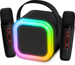 Partyfunlights mini duo karaoke set party speaker - met twee microfoons zwart - discoverlichting - draadloos - voor volwassenen en kinderen