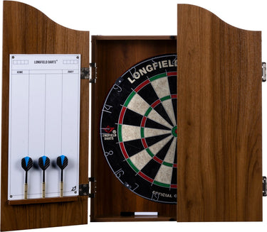 Engelhart houten cabinet met dartbord – inclusief 6 steeltip pijlen, whiteboard marker – beschermt muur en dartbord – wedstrijdbord – bruin hout fineer – longfield