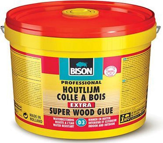 Bison houtlijm extra emmer 5 kg, hoogwaardige houtlijm, voor binnen en buiten, droog transparant op, sterker dan hout, oplosmiddelvrij, d3, sterker dan hout