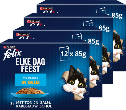 Felix elke dag feest vis selectie in gelei - kattenvoer natvoer - tonijn zalm kabeljauw schol - 48 x 85 g