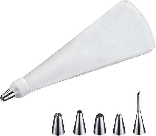 Westmark decoratiespuit, garneerset met spuitzak, met tussenstuk en 5 spuitmonden, 7 stuks, lengte: ca. 40 cm, gecoat katoen roestvrij staal, maxi steel, wit zilver, 30992260