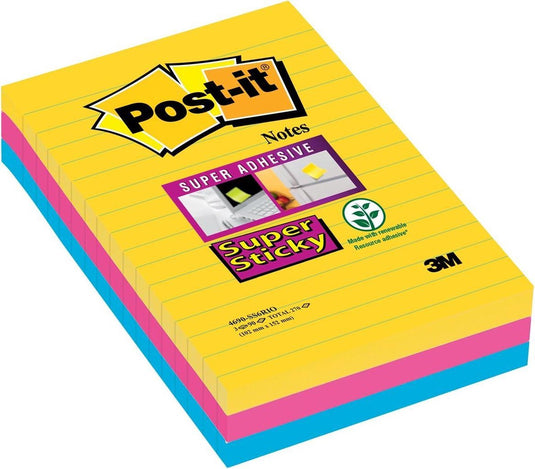 Post-it ® super sticky notes, kleurenset rio, canary yellow™, mediterraan blauw, fuchsia, gelijnd , 101mm x 152mm, 90 blaadjes, 3 blokken