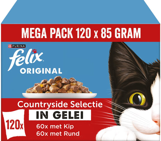 Felix original mix selectie in gelei - countryside selectie - kattenvoer natvoer - rund kip - 120 x 85 g