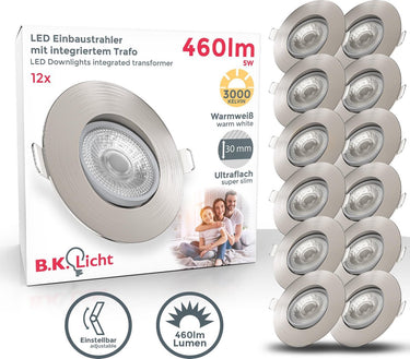 B.k.licht - led inbouwspots - 12 stuks - spotjes kantelbaar - ronde - ø9cm - warm wit licht 3.000k - 460lm - 5w - nikkel