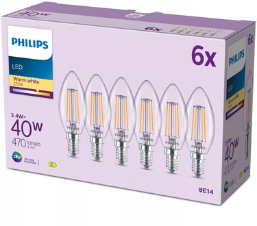 Philips filamentkaarslamp helder 40w b35 e14 x6
