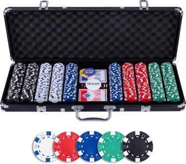 Engelhart pokerset 500 chips (11,5 gram) in zwarte koffer – met 2 sets speelkaarten, 5 dobbelstenen en dealer buttons