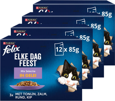 Felix elke dag feest in gelei mix selectie - kattenvoer natvoer - tonijn zalm rund kip - 48 x 85 g