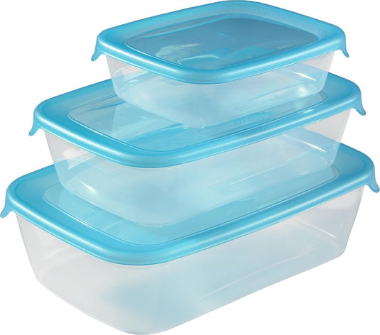 Curver fresh go vershoudbakjes met deksel - rechthoekig - 0,5l - 1l en 2l - 3 stuks - transparant blauw