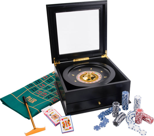 Engelhart roulette set compleet – roulette bak 36 cm met kleed 130 x 90 cm – 200 fiches croupierhark – luxe zwarte houten opbergkist – casino spel voor thuis –