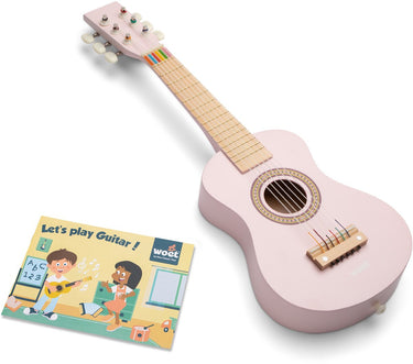 Woet ® houten speelgoedgitaar met draagriem - roze - speelgoedinstrument - mijn eerste gitaar inclusief muziekboekje - speelgitaar voor kinderen - vanaf 3 jaar