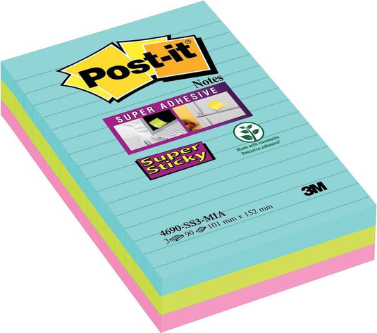 Post-it ® super sticky notes, kleurenset miami, aquawave, neon groen, neon rose, gelijnd, 3 blokken, 101 mm x 152 mm, 90 blaadjes