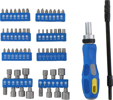 Kinzo gereedschapset: bitset doppenset met ratel - 14 doppen - 42 bits - o.a. torx, inbus en kruiskop - 58 stuks