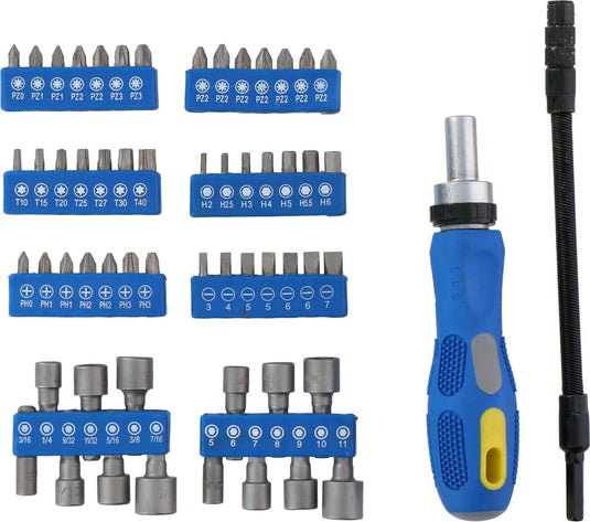 Kinzo gereedschapset: bitset doppenset met ratel - 14 doppen - 42 bits - o.a. torx, inbus en kruiskop - 58 stuks