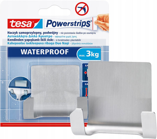 Tesa powerstrips dubbele haak rvs - 3kg draagkracht - waterbestendig
