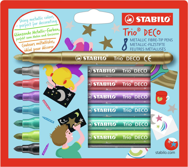 Load image into Gallery viewer, Stabilo trio deco - metallic viltstift - met extra dikke punt 3,0 mm - etui met 8 kleuren
