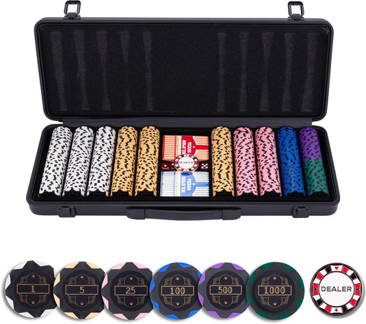 Longfield pokerset 500 chips 14 gram – waarde chips €1 €5 €25 €100 €500 – speelkaarten, dealer button dobbelstenen – zwarte aluminium koffer – engelhart